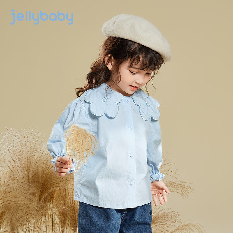JELLYBABY衬衫长袖t恤春春季新款女童儿童衬衫纯色翻领学生上衣百搭童装 蓝色 140