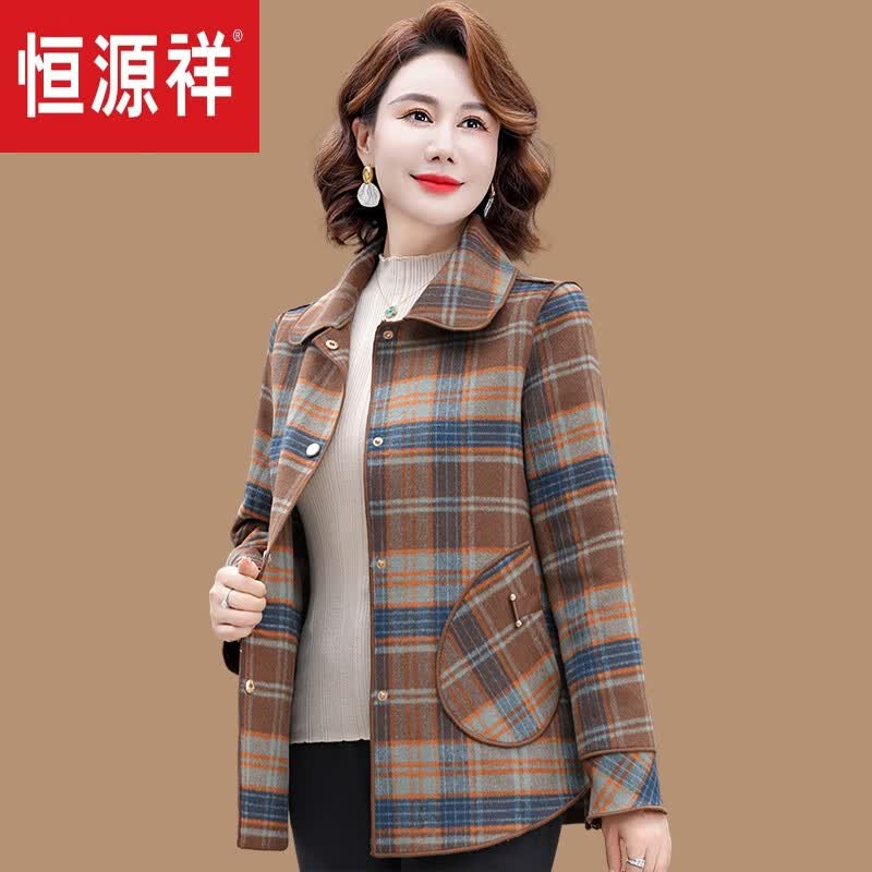 恒源祥中老年女妈妈春秋格子双面呢短外套上衣春装洋气羊绒中年 咖色 XL 建议90-105斤高性价比高么？
