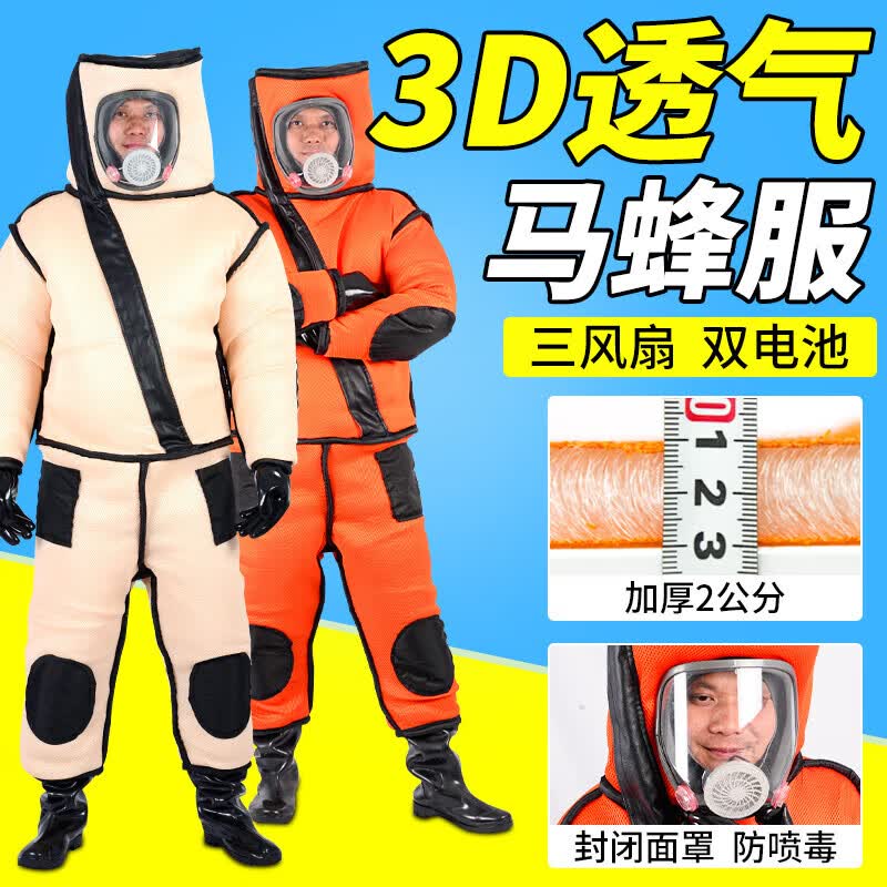 服带风扇3d棉胡蜂防护服防喷毒捉蜂工具 凸面罩米黄色双风扇单电池s码