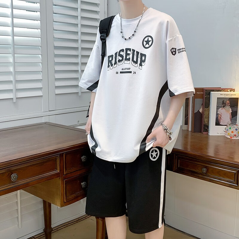 喜圣多夏季12-15初高中大学生短袖短裤套装男纯棉t恤17岁青少年一套