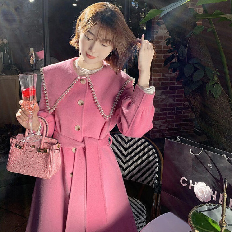 贤语名媛女神气质毛呢外套新款冬季粉色海军领高端大衣女厚款 玫红粉