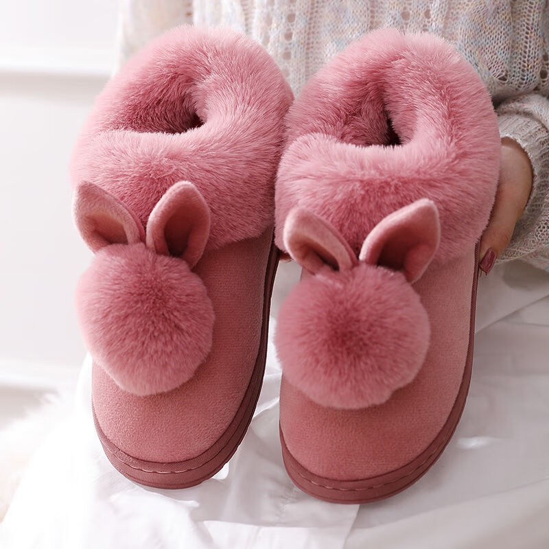 冬季韩版卡通球兔棉拖鞋女可爱包跟居家月子鞋防滑保暖棉鞋亲子鞋 皮红(女款) 38-39(适合37-38)