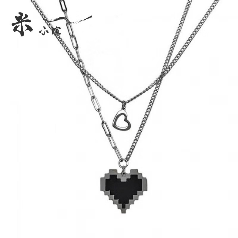 米小渲黑色马赛克爱心像素桃心吊坠双层叠带项链ins冷淡风嘻哈潮 拼接