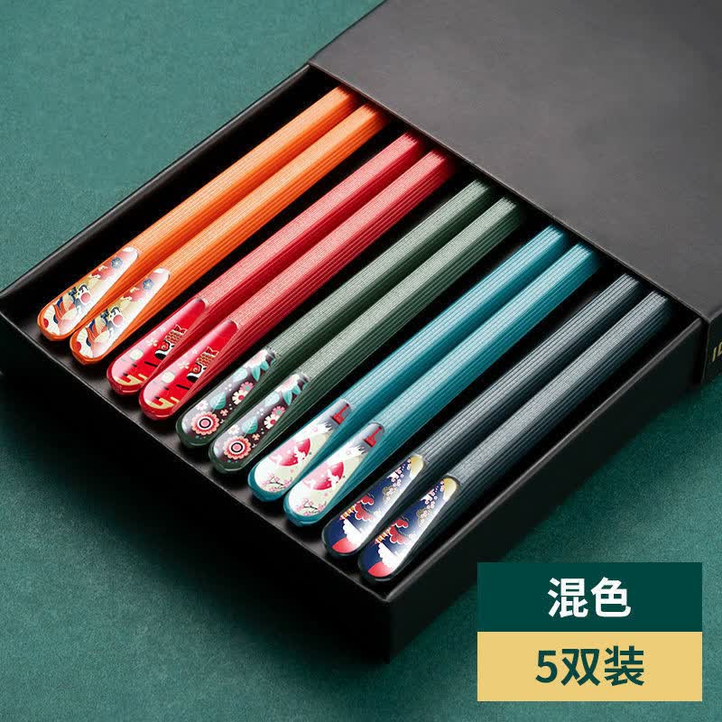 钛合金筷子 筷子家用高档一人一筷防滑防霉耐高温合金筷日式家庭分用筷子套装 【抗菌】【彩色花纹】分餐筷-5色