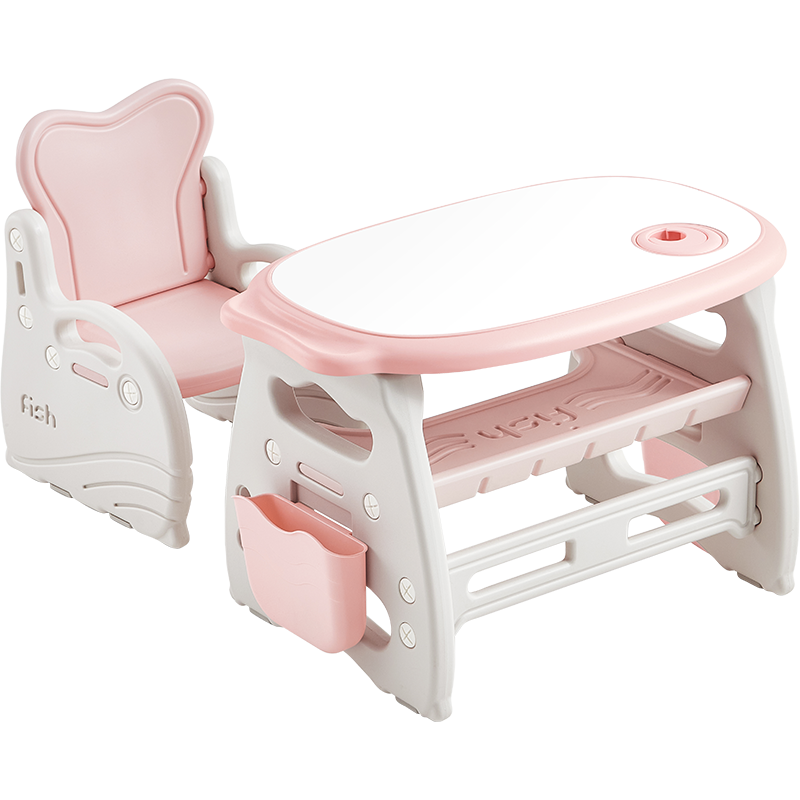 林氏木业（Kids）儿童学习书桌宝宝写字桌椅套装早教小孩写作业玩具桌子家用 【公主粉】可爱鱼桌+椅（豪华可画面板）