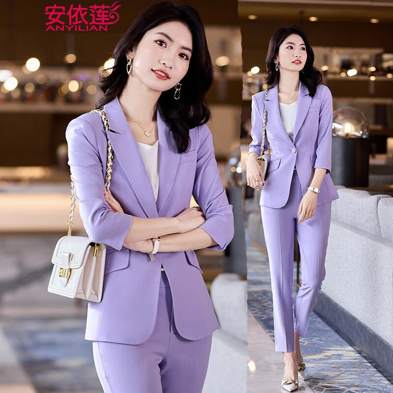 西装套装女夏季新款七分袖简约小西装外套白领工作服正装 紫色西装 s