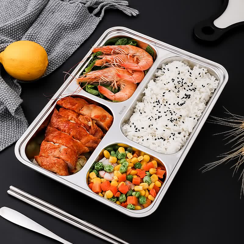 oimg  304不锈钢餐盘饭盒 4格加深加厚分格带盖快餐盘学生餐盒