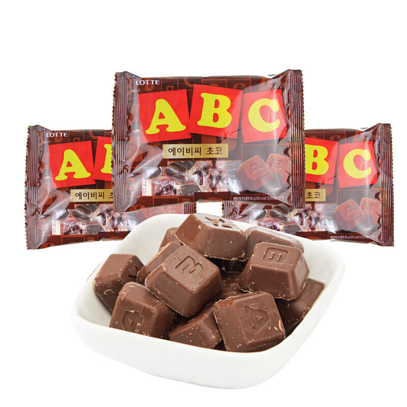 乐天ABC韩国进口字母牛奶巧克力好吃的休闲糖果巧克力小吃 65g*3
