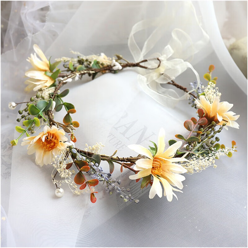 侨沁伴娘头花新品森系甜美菊花花环海边度假影楼拍照写真造型新娘结婚
