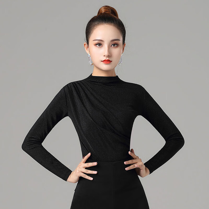 长袖打底衫交谊舞现代舞跳舞衣服舞上衣 南韩丝女斜折高领长袖 黑色