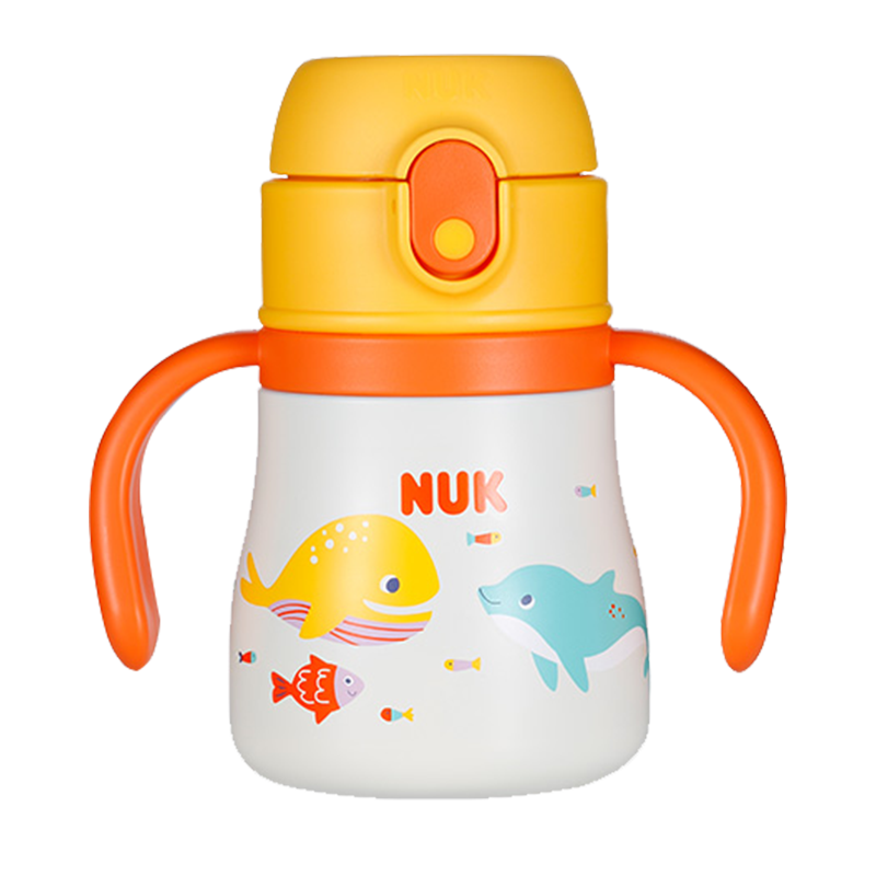NUK 316不锈钢儿童保温杯小学生水杯幼儿园吸管杯倒置不漏水杯 黄色鲸鱼(带把手) 280ml