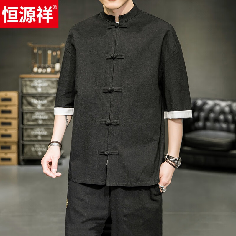 恒源祥唐装青年衬衫男棉麻复古短袖T恤中国风立领盘扣中山装休闲半袖潮 黑色 XL使用感如何?