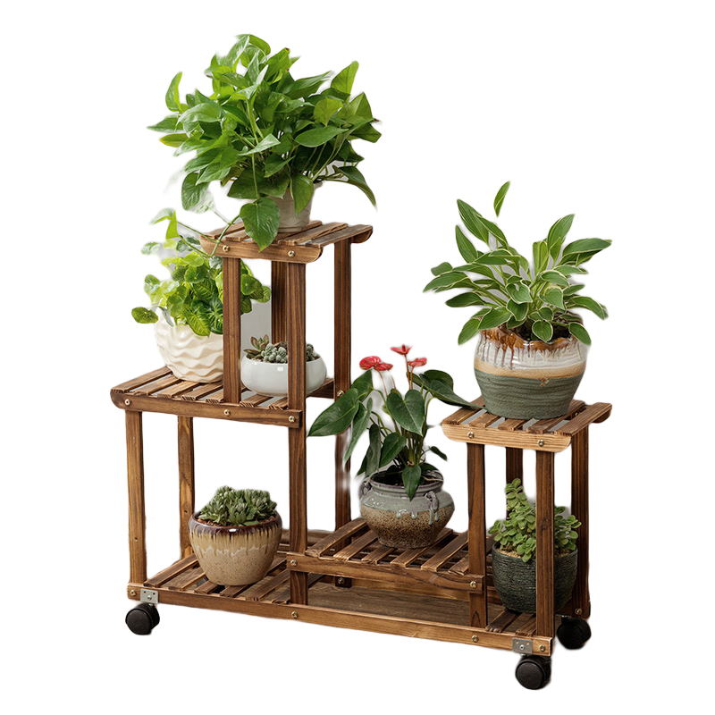 華觀家居（Home Giving Furniture）多層實木花架陽臺置物架室內(nèi)花架子客廳落地式多肉綠蘿花盆植物架 B款碳色帶輪