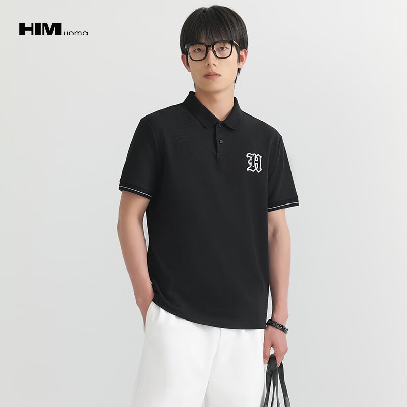 汉崇him 珠地棉polo衫休闲斯文修身舒适透气短袖反领t恤 2024春夏 墨
