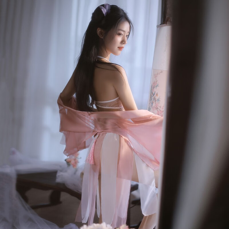 霏慕 情趣内衣性感古装汉服 国风西域古风透视肚兜 古典制服极污度诱惑 激情透视漏乳免脱套装睡衣 盈盈-粉 白【肚兜 分片绑裙 T裤 宽袖披衫】