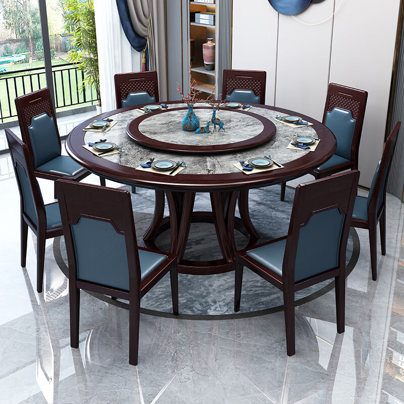 依芙裳新中式全实木圆桌岩板餐桌新中式圆形餐桌转盘家用饭店两用软包