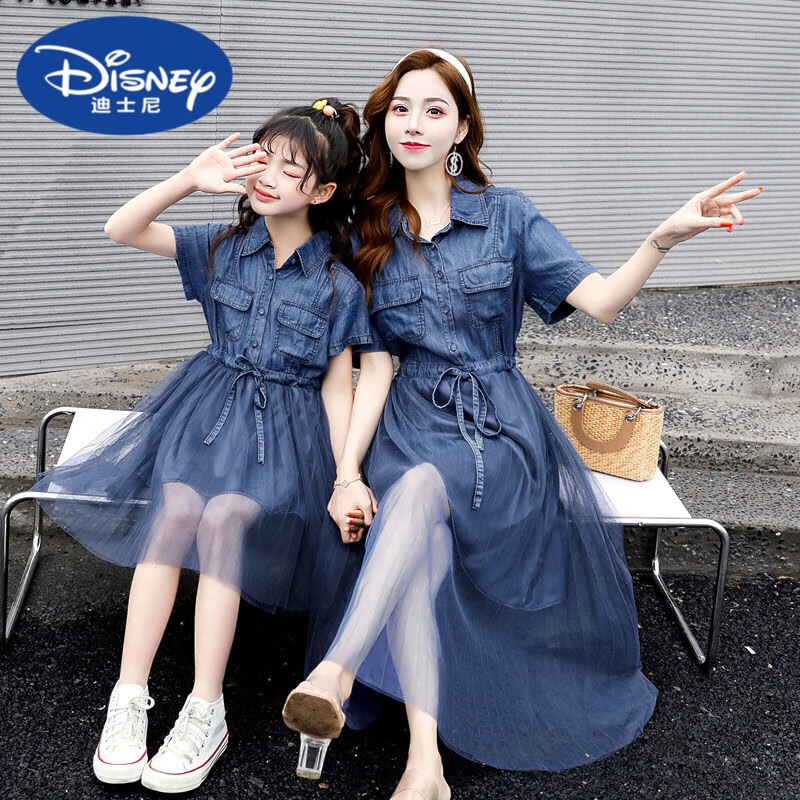 迪士尼（Disney）子装2023夏装潮洋气韩版收腰显瘦网纱拼接母女装牛仔连衣裙 妈妈XL使用感如何?