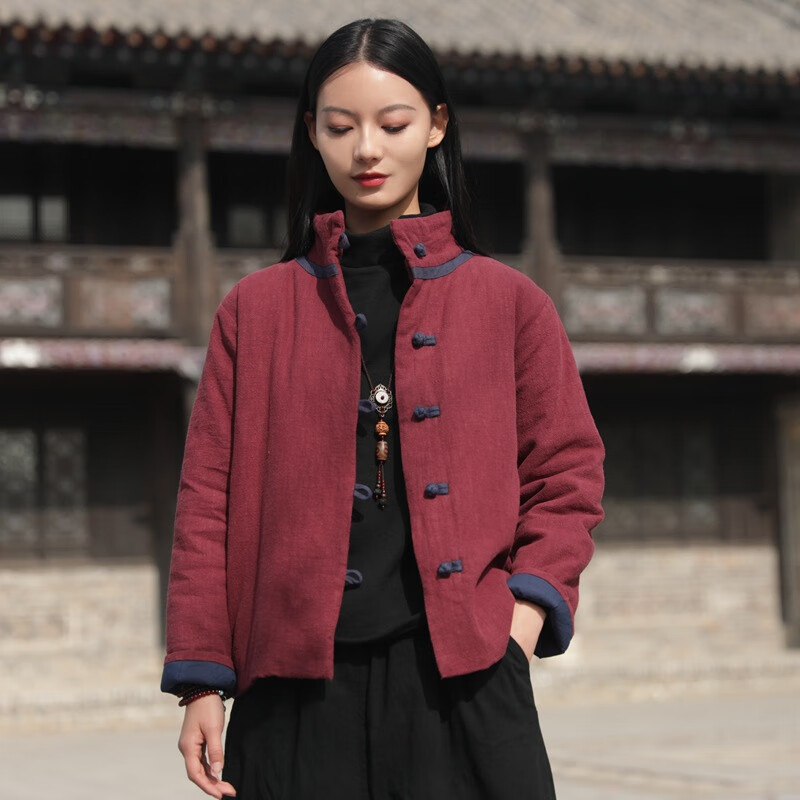 新款棉麻太极棉服女秋冬加厚外套太极拳练功服中国风立领唐装上衣 酒