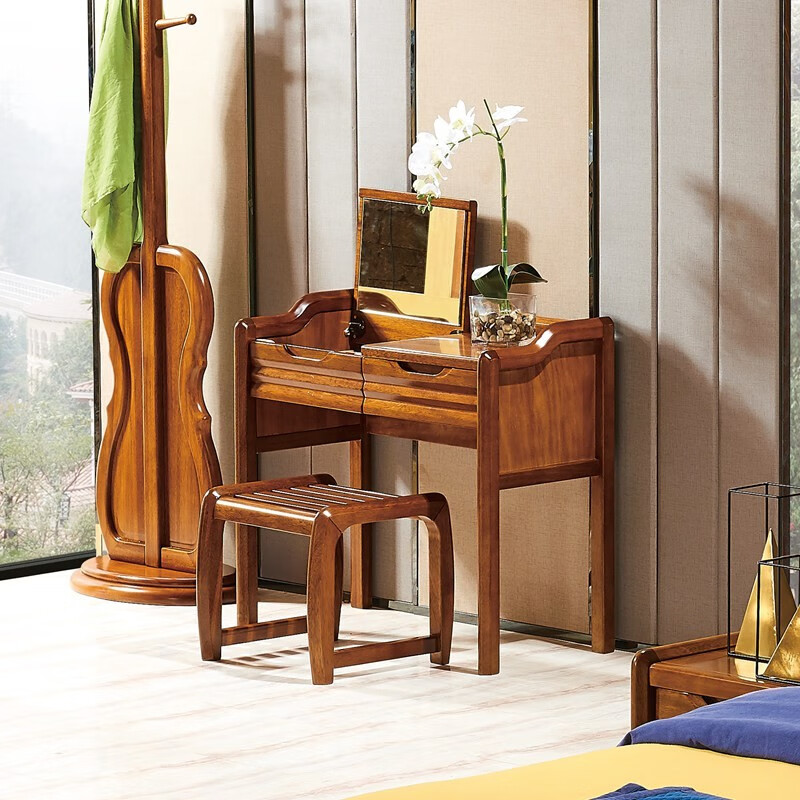 菲乐熊实木梳妆台胡桃木新中式卧室家具组合多功能翻盖化妆台小化妆桌