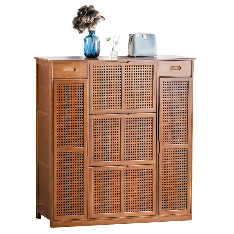 竹艺佳(ZHUYIJIA)鞋柜实木鞋架现代简约玄关柜简易多层欧式翻斗楠竹柜子防尘多功能门厅柜大容量 格子款-两翻两门单抽