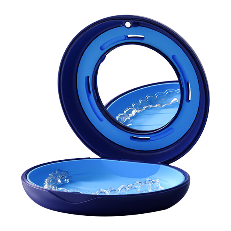 OOKME隐形牙套盒牙齿矫正保持器收纳盒咬胶盒哈雷钢丝保持器收纳盒 带镜磁吸牙盒升级款-蓝色+小刷