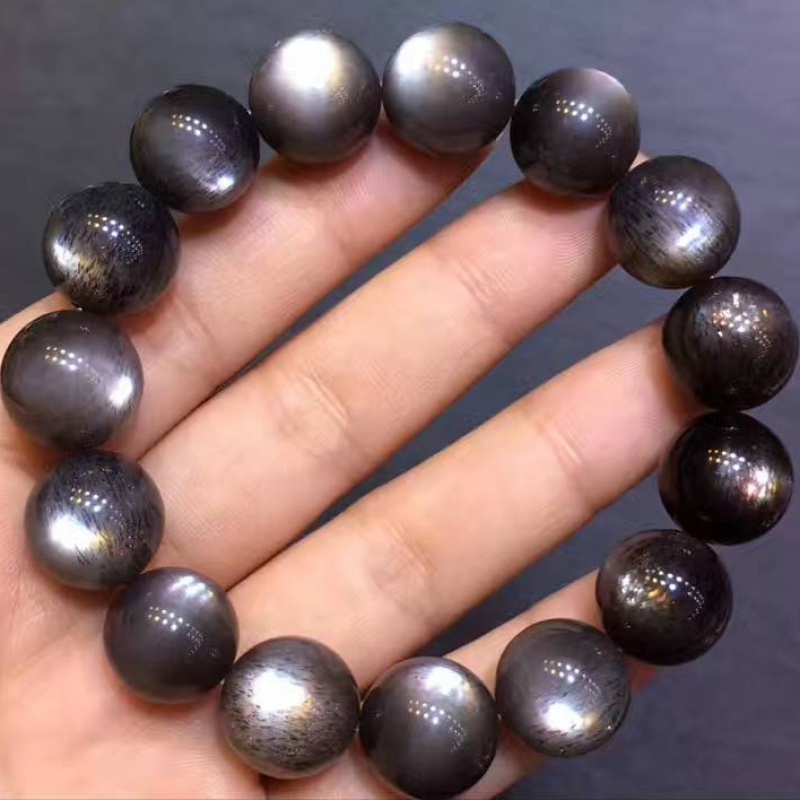 古珍 收藏级黑月光石手链骨干发晶手串猫眼太阳石强光水晶手链男女送