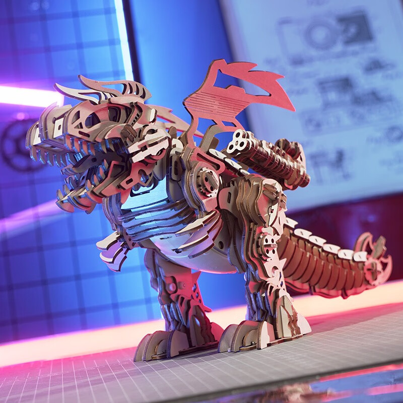 木质机械拼装模型霸王龙diy机械恐龙3d立体拼图电动玩具生日礼物 机械