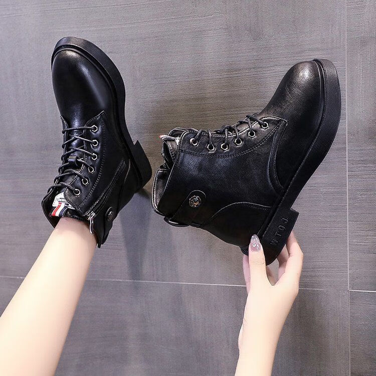 马丁靴女2022新款英伦风短靴女秋冬加绒加厚雪地靴棉鞋子 黑色单里 35