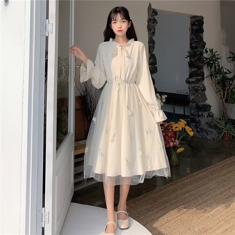 YETX甜美连衣裙少女2023新款初中高中学生仙女森系网纱长裙子 杏色 S高性价比高么？