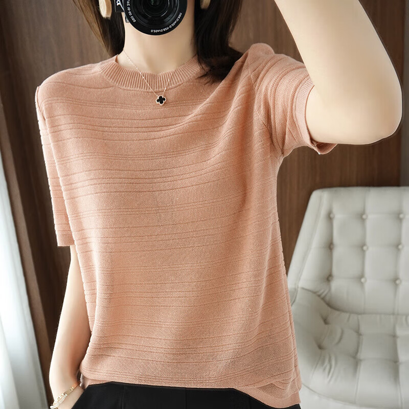 XEHCI冰丝针织短袖t恤女夏季薄款2023新款气质显瘦圆领半袖打底衫上衣 粉色 #XL(建议120-130斤)