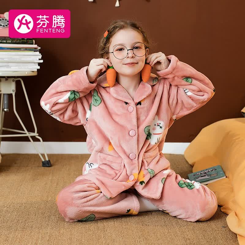 芬腾睡衣女童2023年珊瑚绒秋冬季加厚长袖保暖开衫加绒卡通家居服套装 粉红 130使用感如何?