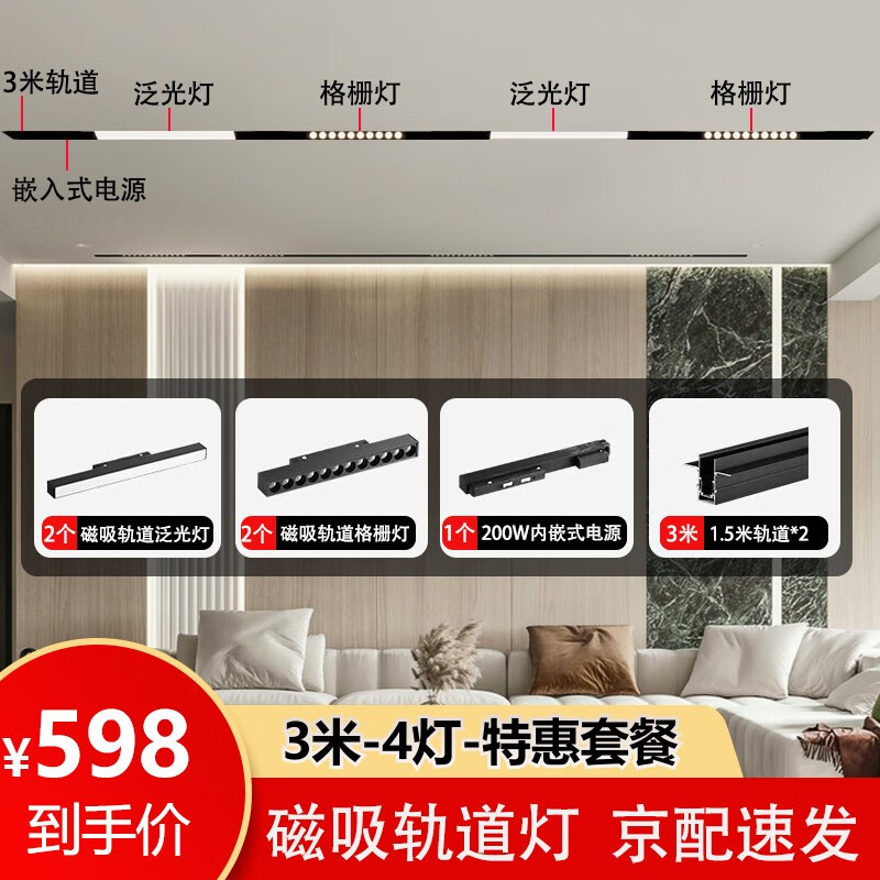 佼佼者（JIAOJIAOZHE）磁吸轨道灯嵌入式射灯无主灯导轨式明装暗装客厅磁吸灯全屋套餐 3米配4灯配件-泛光灯*2+格栅灯*2属于什么档次？