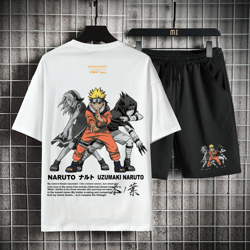 套装13火影忍者t恤棉质14男孩初中学生12-15 tk968白色(短袖 短裤)  s