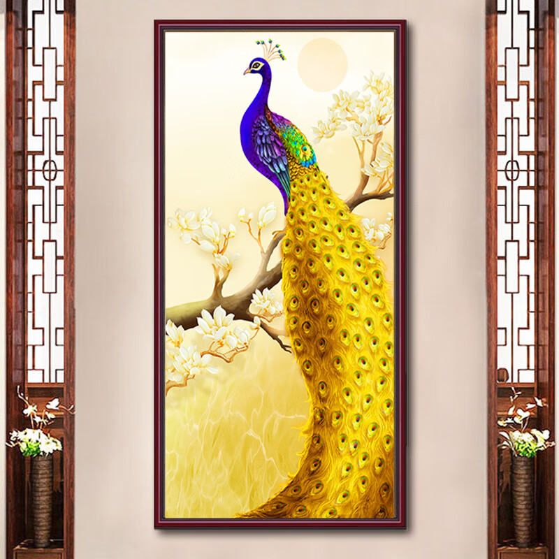 天尚喷画 美式孔雀图贴纸玄关过道装饰贴画客厅餐厅墙贴3d自粘墙纸