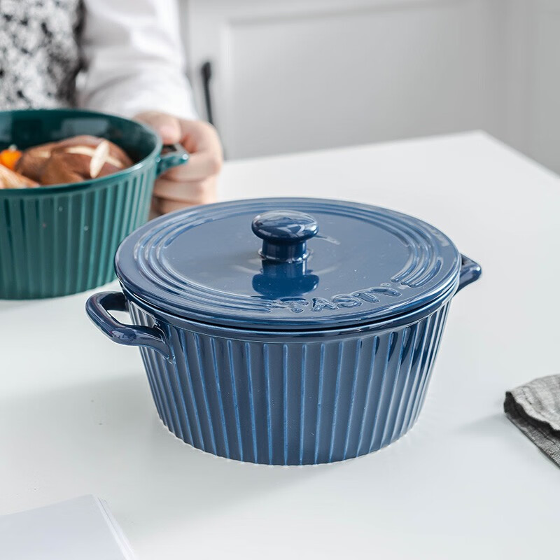 竹木本记 双耳汤碗带盖大号1100ml泡面碗创意陶瓷汤盆家用微波炉烤箱适用 蓝色-带盖