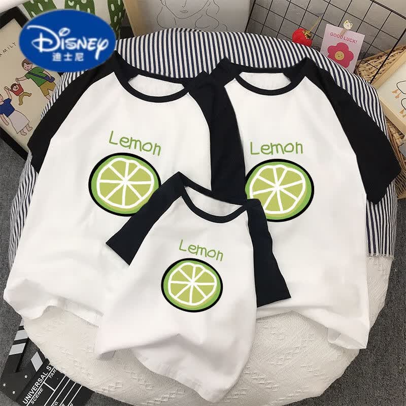 迪士尼（Disney）亲子装T恤网红潮流短袖2023新款夏季纯棉夏装一家三四口全家上衣 黑白插肩-柠檬 大人L (110-125斤)怎么看?