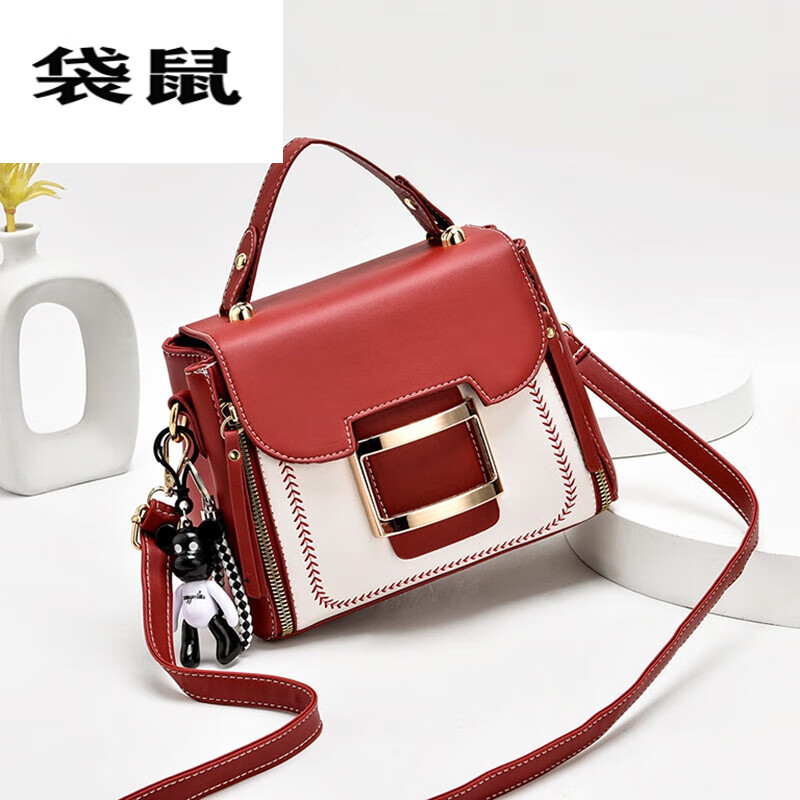 袋鼠包包女夏季潮时尚单肩手提斜挎两用夏季小方包 酒红色