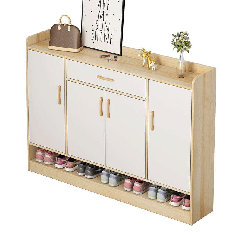 悦美妙鞋柜门口北欧简易鞋柜大容量鞋架收纳储物柜入户玄关柜门厅柜 【双门带抽款】北美原木纹色+白色60cm