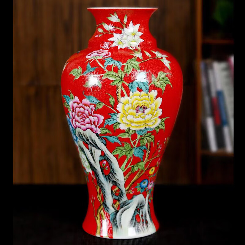 裂均 景德镇陶瓷古窑名师手绘粉彩扒花花鸟国色天香花瓶家居客厅摆件