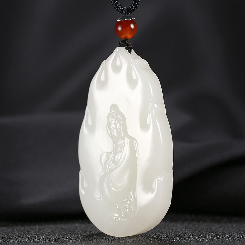 马艺涵 新疆和田玉观音吊坠男款白玉观音菩萨玉坠玉佩玉石挂件 火焰