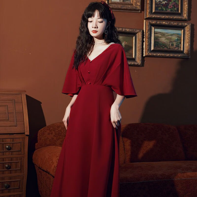 新款高腰显瘦回门礼服酒红色200斤订婚胖mm女 酒红色 xl 胸围94腰围80