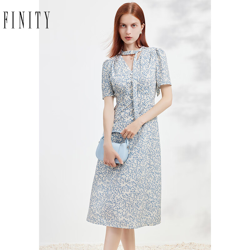 finity品牌连衣裙夏季新款简约气质丝带领时尚设计感短袖裙子 米底