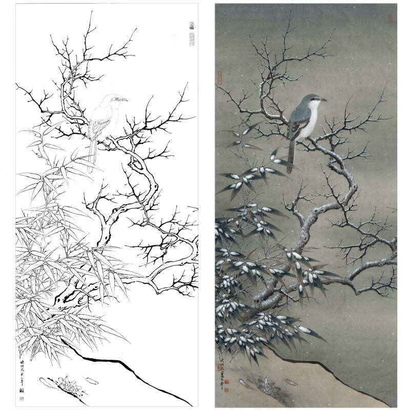 桔舍李晓明工笔画白描底稿雪树寒禽图原作大小53*117厘米花鸟线稿带a3