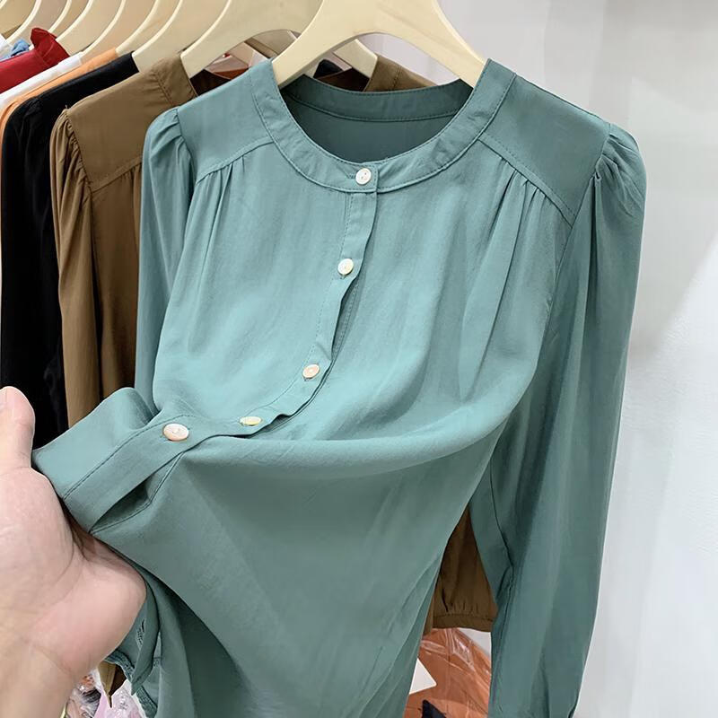 金彩潼星 长袖女衬衫无领秋天穿的咖色纯色长袖衬衫女2022春季新款