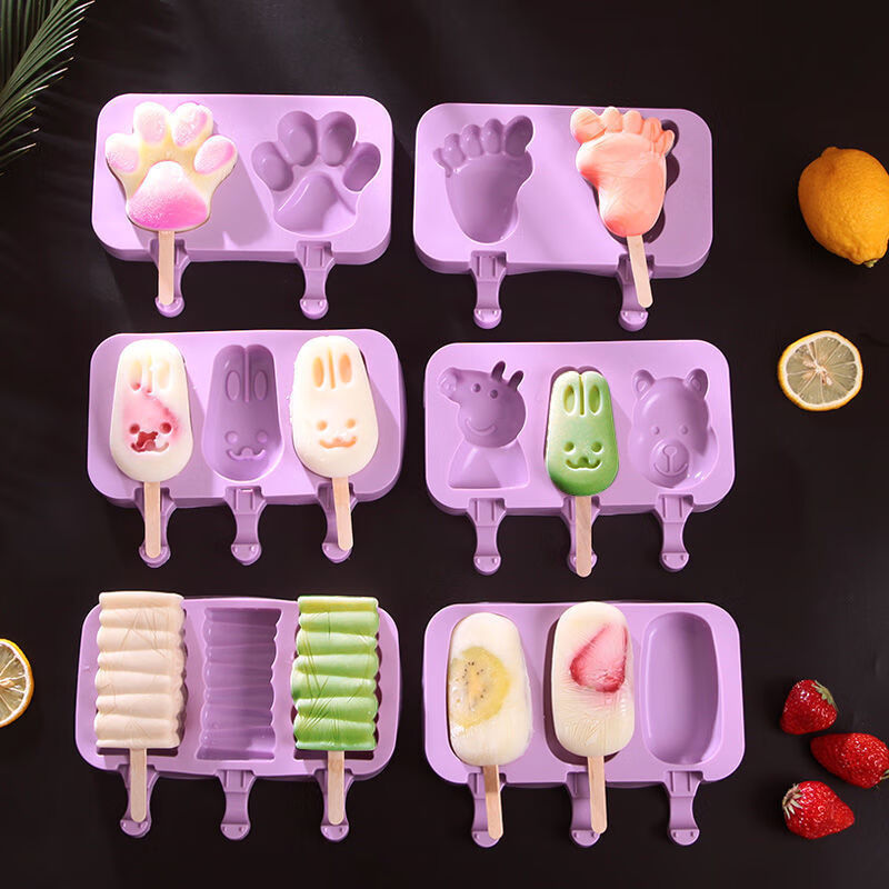 冰淇淋冰块雪糕模具硅胶卡通自制做冰糕冰棍冰棒棒冰磨具套装家用 1个三连模具+盖子+50木棒【款式随机】