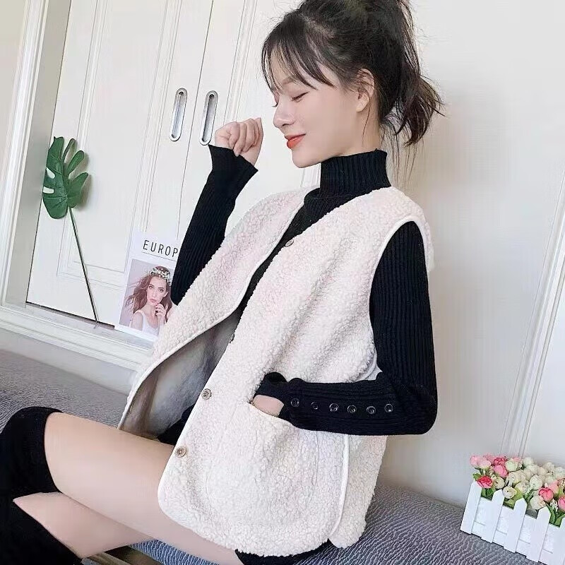 帝达芙新款春秋季韩版百搭外套坎肩外穿女士马夹仿羊羔绒马甲女背心新 米白色 M【100-120】左右