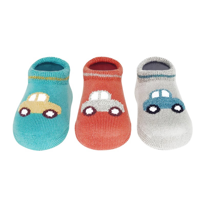 馨颂婴儿地板袜三双装秋冬宝宝袜子儿童防滑学步袜套装 小汽车 红灰绿 (2-4岁)
