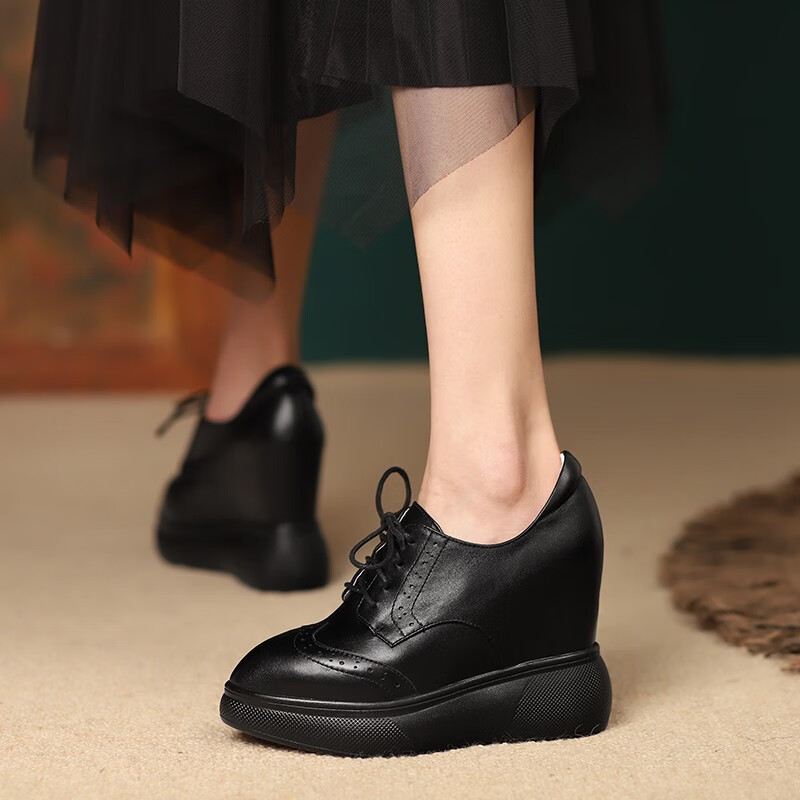 希仕牛皮内增高单鞋女坡跟松糕厚底女鞋春新款鞋休闲小白鞋学院风鞋子