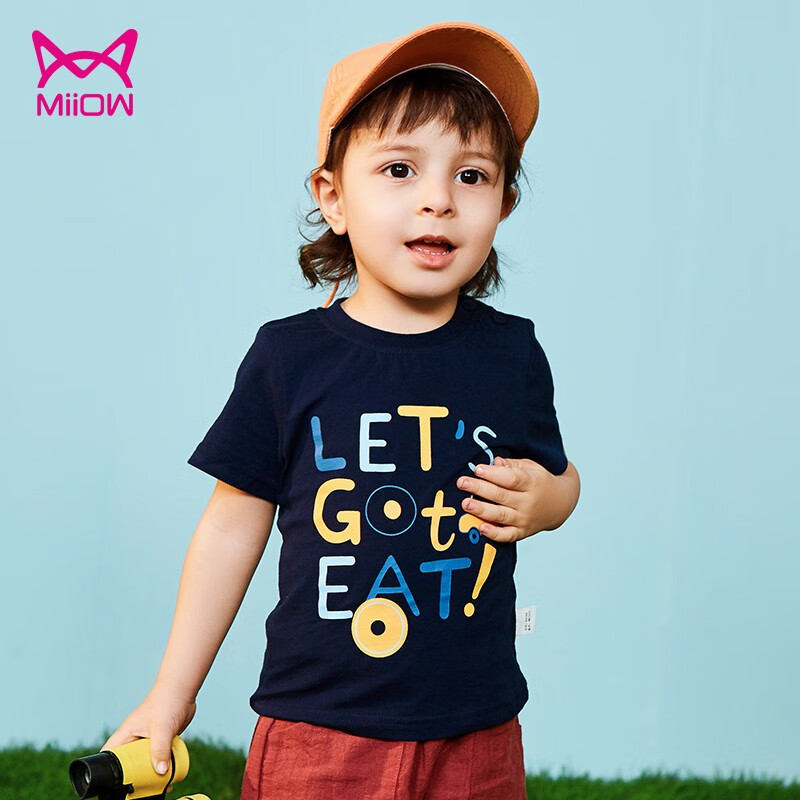 猫人童装儿童短袖t恤男女童小孩上衣 黄色小汽车-深蓝 110