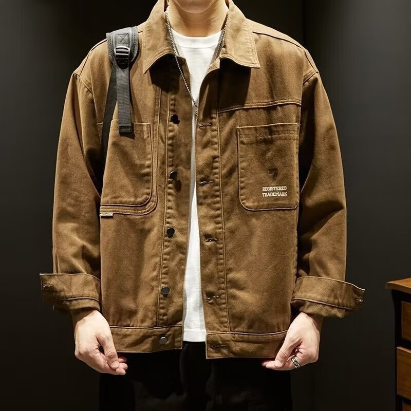 复古牛仔外套男生宽松上衣2023春季新款日系潮牌痞帅工装夹克 棕色 m